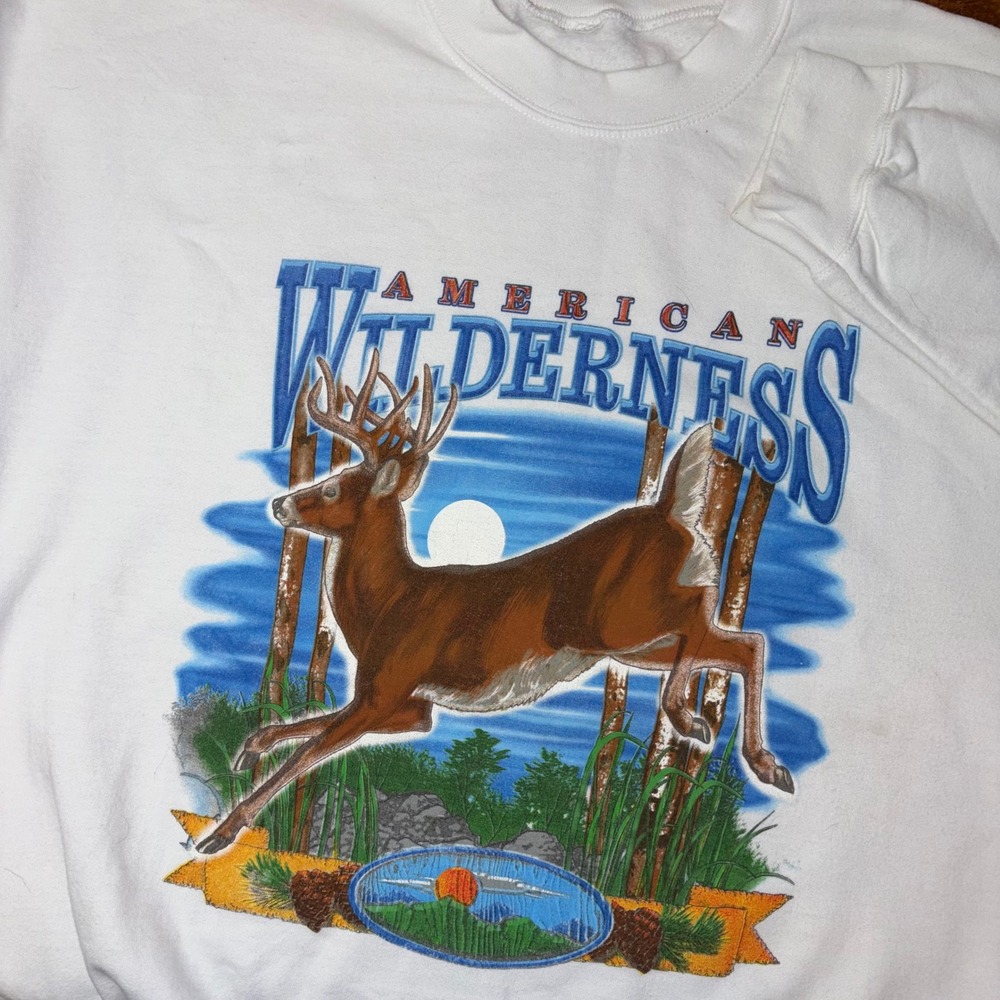 Vtg American Wilderness Sweatshirt Mens XL White Deer Graphic Crewneck Retro 90s
